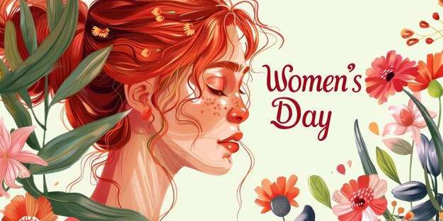 Photo illustration of a young woman in profile among flowers and leaves with the inscription women39s day