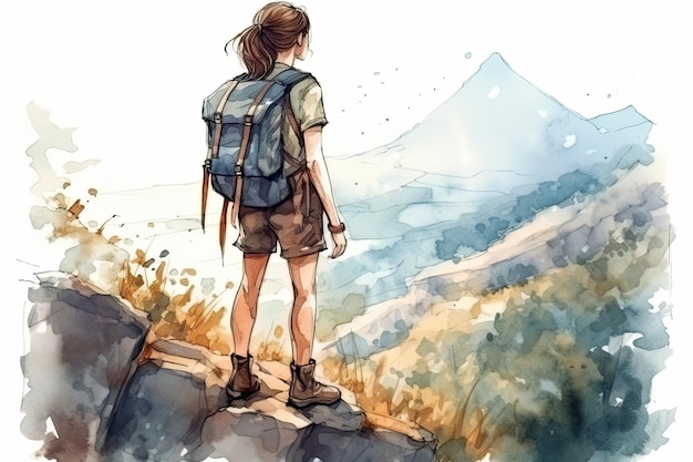 Illustration of a young woman with a backpack traveling in the mountains viewed from behind in a watercolor style Generative AI