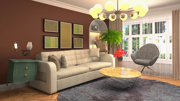 Illustration of zero Gravity Sofa hovering in living room