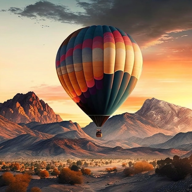 Illustrations of a colorful hot air ballon with mountain and sunrise background