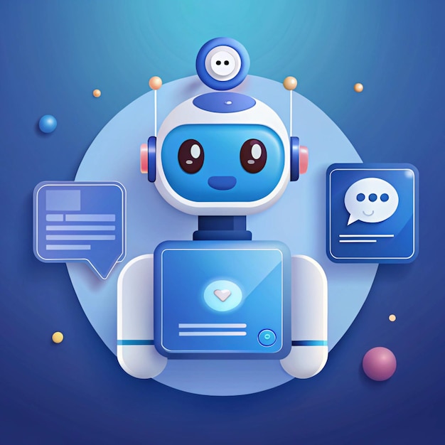 Illustrations of cute friendly chatbot robots interacting with various digital interfaces speech b