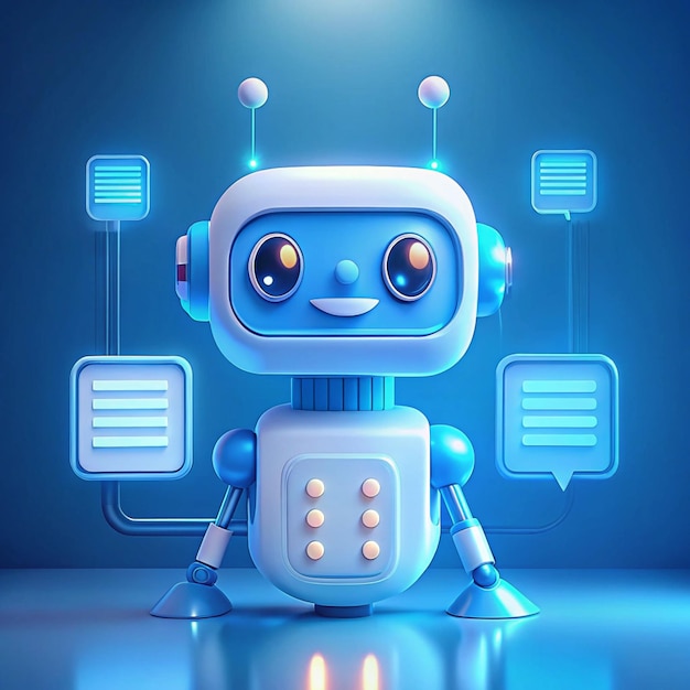 Illustrations of cute friendly chatbot robots interacting with various digital interfaces speech b