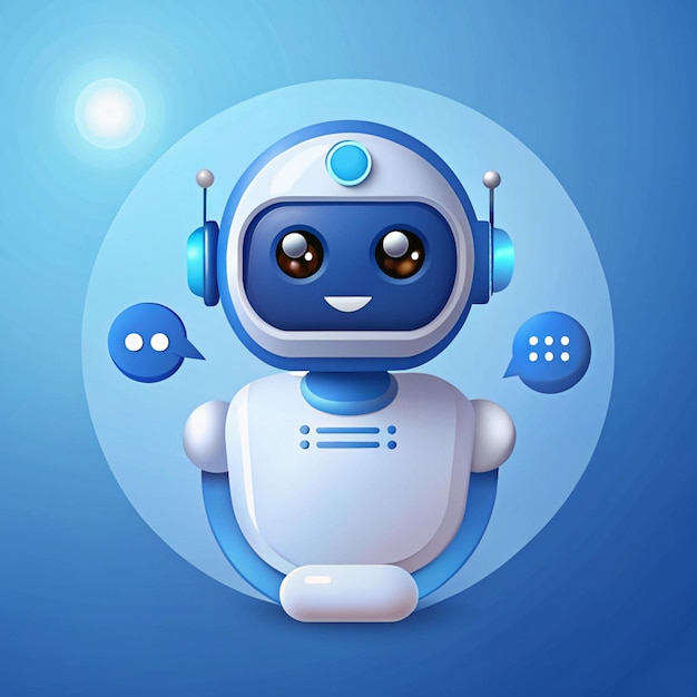 Illustrations of cute friendly chatbot robots interacting with various digital interfaces speech