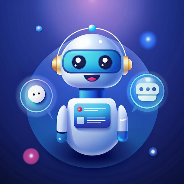 Illustrations of cute friendly chatbot robots interacting with various digital interfaces speech