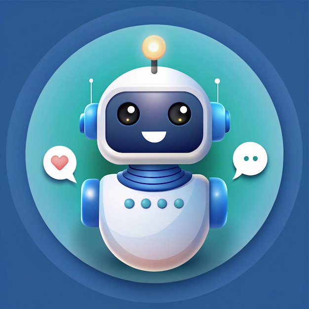 Illustrations of cute friendly chatbot robots interacting with various digital interfaces speech