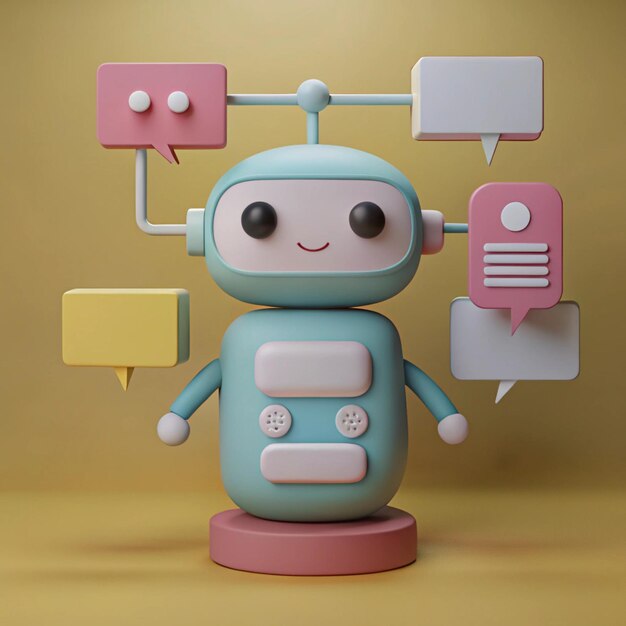 Illustrations of cute friendly chatbot robots interacting with various digital interfaces speech