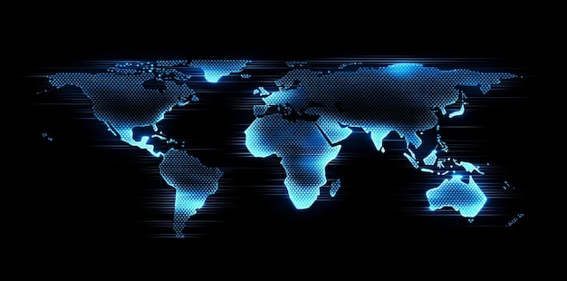 Illustrations of futuristic digital space with world map and hexagon network Concepts related to digital communication and technology innovation