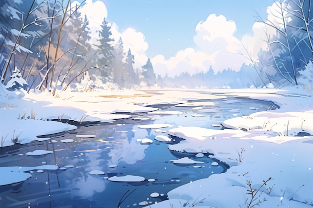 Illustrations of heavy snowfall in winter illustrations of winter river scenes in snowy scenery