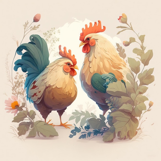 Illustrations of hens interacting with each other image generative AI