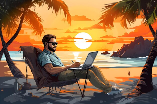 illustrations of Man Working on Laptop at Tropical Beach During Sunset