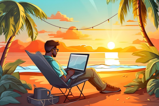 illustrations of Man Working on Laptop at Tropical Beach During Sunset