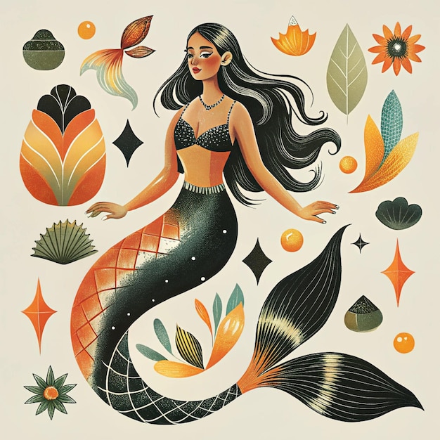 illustrations of mermaids surrounded by abstract shapes flowers and sea creatures vintage collage