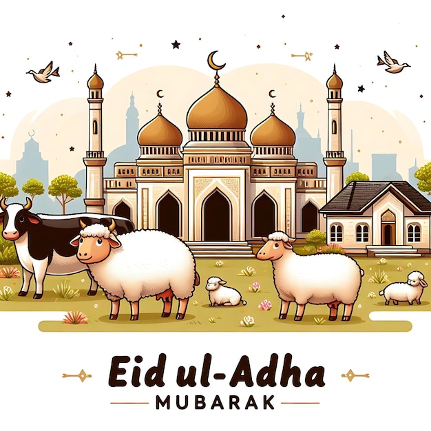 Illustrations of mosque with sheep cow camel in front and with the text Eid UlAdha Mubarak