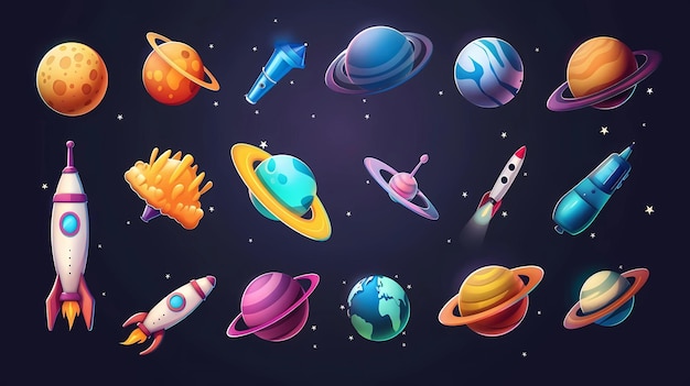 Photo illustrations of a space 3d vector icon set astronaut planet satellite rocket ufo comet