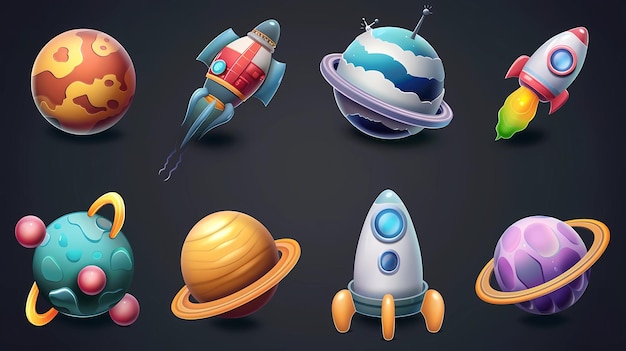 Photo illustrations of a space 3d vector icon set astronaut planet satellite rocket ufo comet