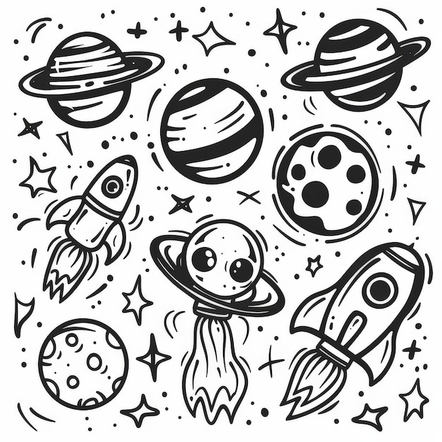 Photo illustrations of space cosmic motifs clipart cute simple design vector coloring book design outline black and white designs for brooches and pins isolated on white stylize 50