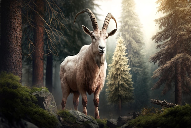 An illustrations of a white goat with big horns standing proud with forest tress in te background