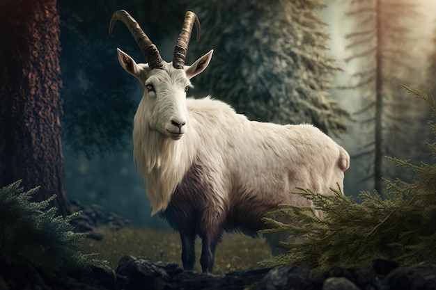 An illustrations of a white goat with big horns view from the side with forest tress in te back