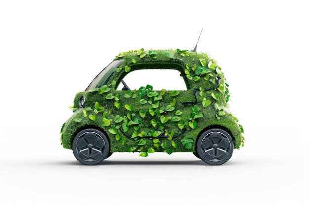 Photo illustrative electric vehicle with green leaves on it isolated on white background