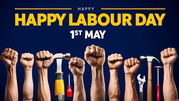 Photo illustrative labour day celebration graphic with tools and professions 1st may design