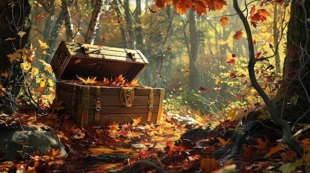 Photo illustrative scene of a treasure chest halfburied beneath fallen leaves in a serene forest capturing the allure of hidden treasures in nature39s embrace