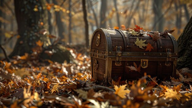 Photo illustrative scene of a treasure chest halfburied beneath fallen leaves in a serene forest capturing the allure of hidden treasures in nature39s embrace