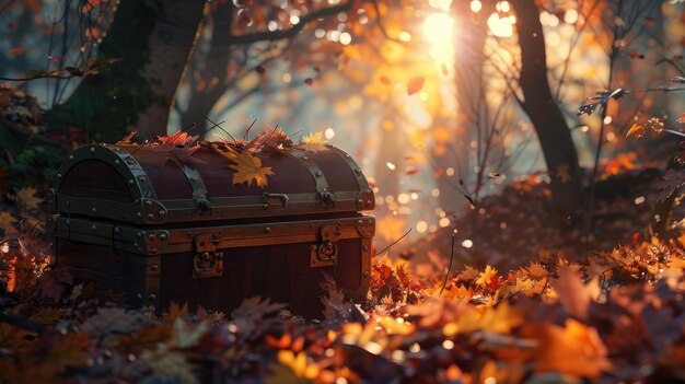 Photo illustrative scene of a treasure chest halfburied beneath fallen leaves in a serene forest capturing the allure of hidden treasures in nature39s embrace