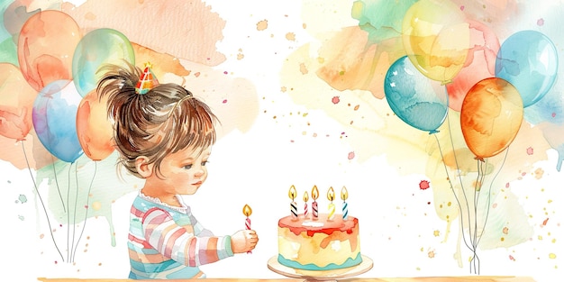 An illustrative work of cute baby girl holding balloons a watercolor art on a clean white backdrop and space for text Generative AI