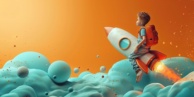 An illustrative work of a school boy sitting on a rocket with a clean background an a 3D concept work with space for text Generative AI