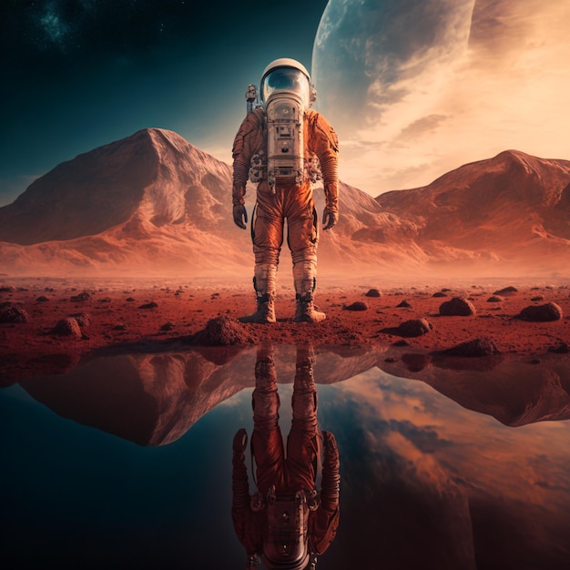 illustrator of an astronaut in a suit standing on the red earth of mars