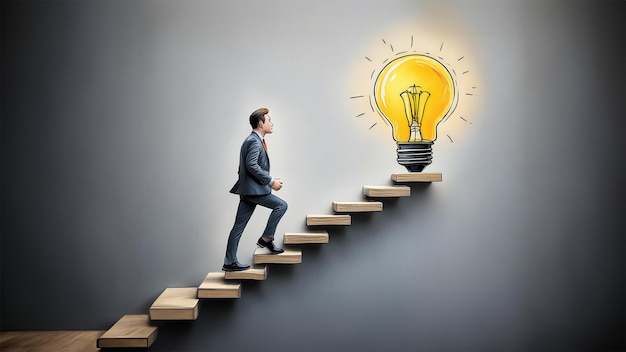 Ilustration of an ambitious businessman climbing wooden steps towards yellow glowing light bulb