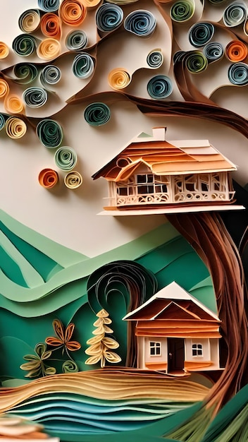 Ilustration of cityscape and house views in rolled paper art crafts