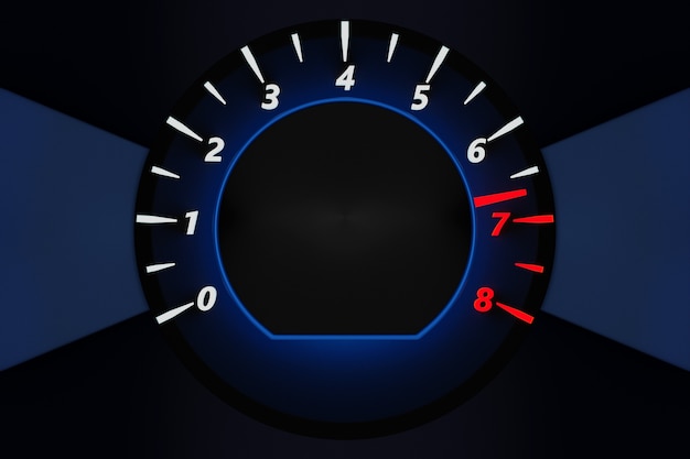 ilustration close up car  tachometer  with white lights and blue  round inside on black background