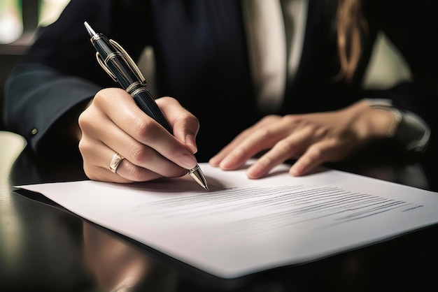 Photo ilustration of a female lawyer or executive signing a contract