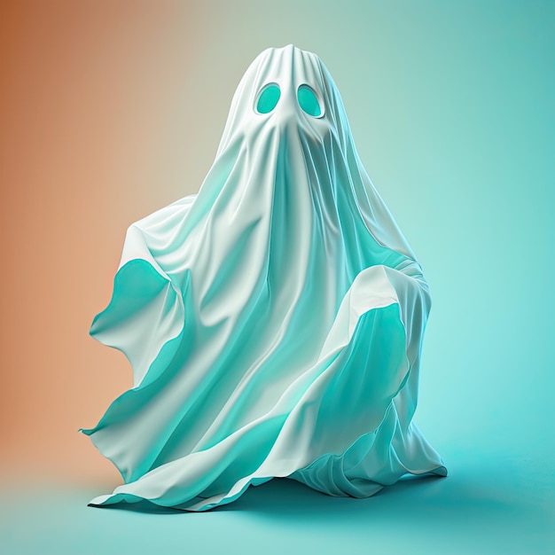 Ilustration of a ghost phantom silhouette isolated on blue background Halloween spooky monster flying in night Generative AI