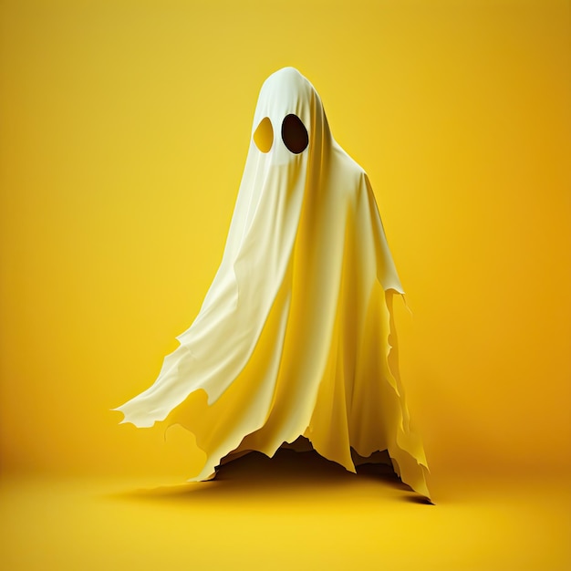 Ilustration of a ghost phantom silhouette isolated on yellow background Halloween spooky monster flying in night Generative AI