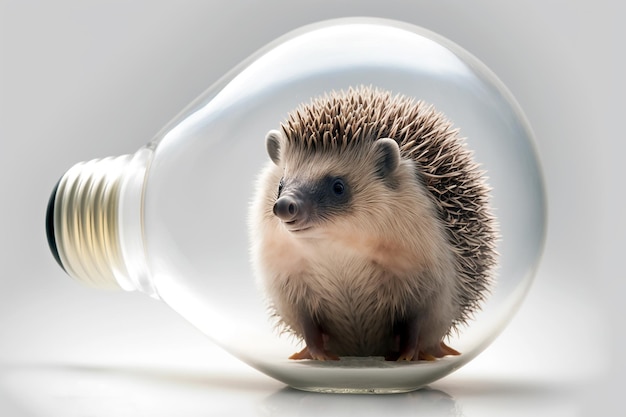 Ilustration hedgehog trapped in electric light bulb isolated on light background generative ai