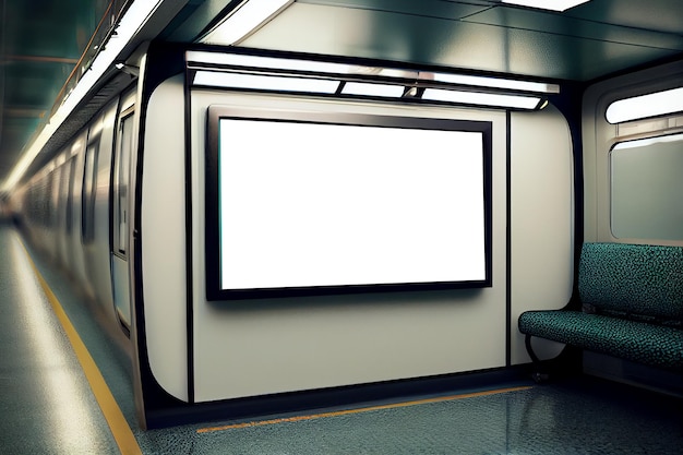 Ilustration Interior of modern subway train with white information billboard Generative AI