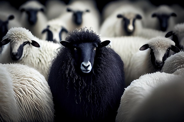 Ilustration one black sheep among many white sheep concept of individuality generative ai