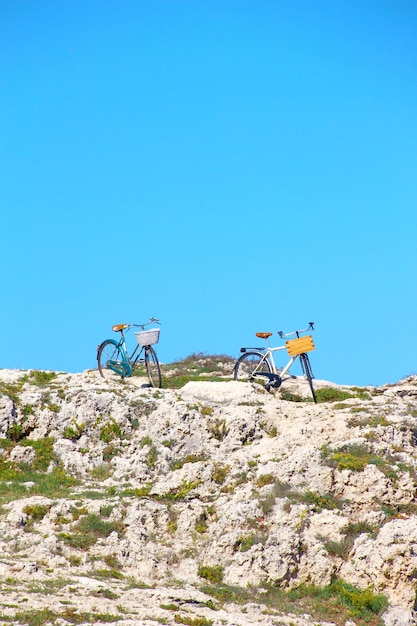 Image of 2 retrostyle bicycles parked in a picturesque and relaxed natural environment