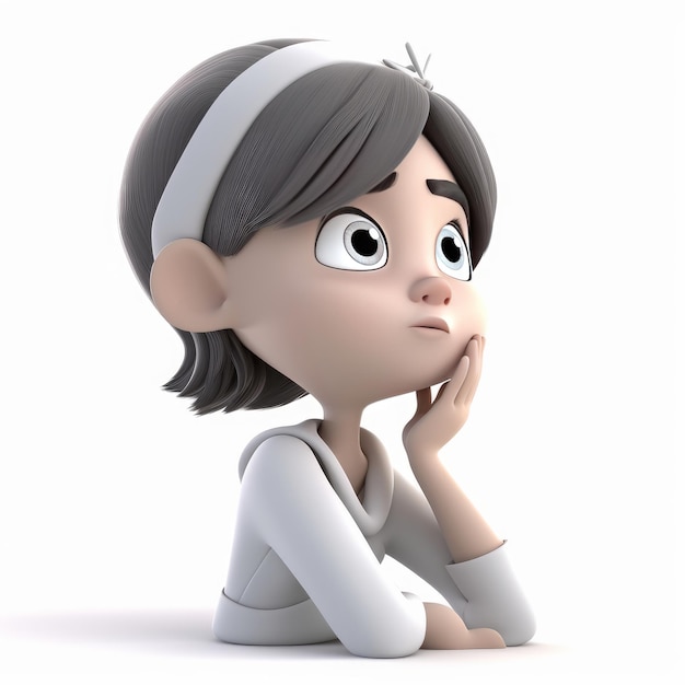 Image of 3d cartoon girl in thinking white background generative AI