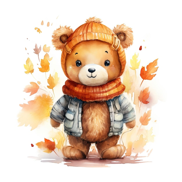 Image of an adorable watercolorpainted teddy bear with tree leaves and autumn colors by generative AI