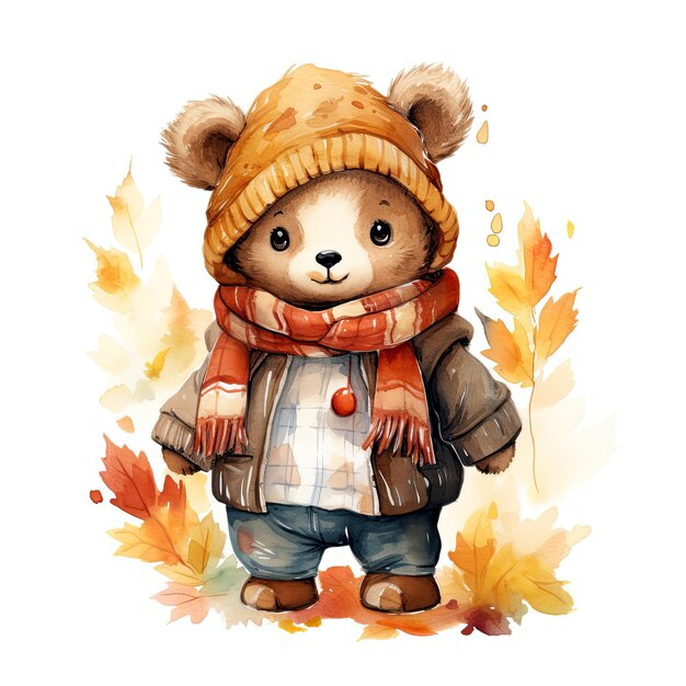 Image of an adorable watercolorpainted teddy bear with tree leaves and autumn colors by generative AI