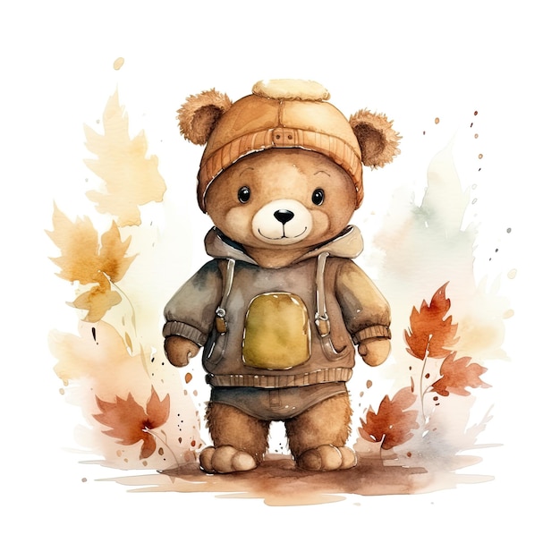 Image of an adorable watercolorpainted teddy bear with tree leaves and autumn colors by generative AI