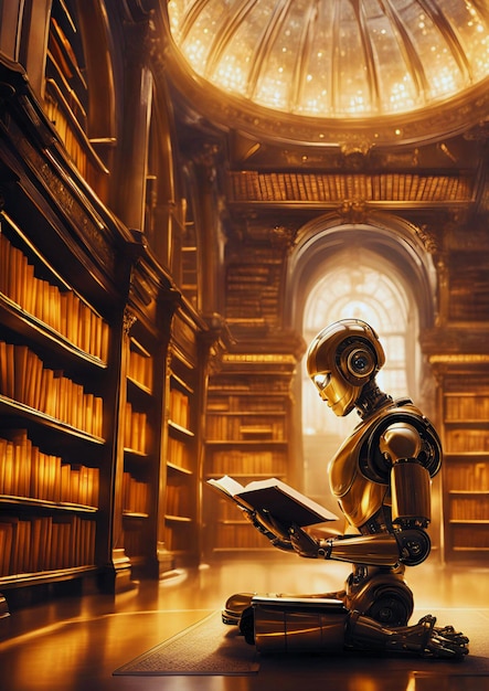 Image of AI robot reading and scanning all the books in the library