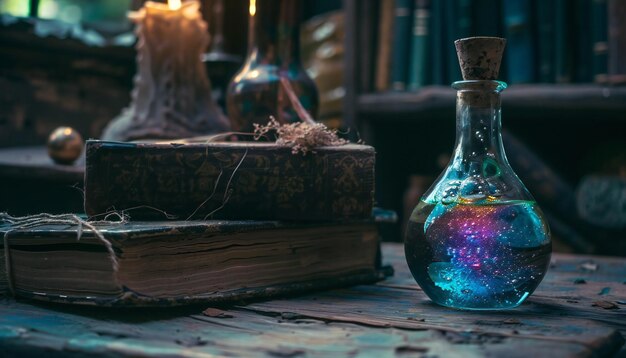 Photo image of an alchemists potion near magic books on a table