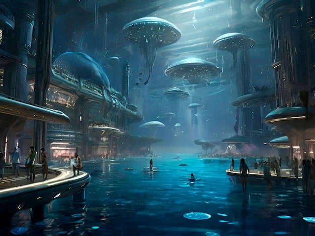 an image of an alien underwater city adorned with intricate mosaics depicting scenes from their