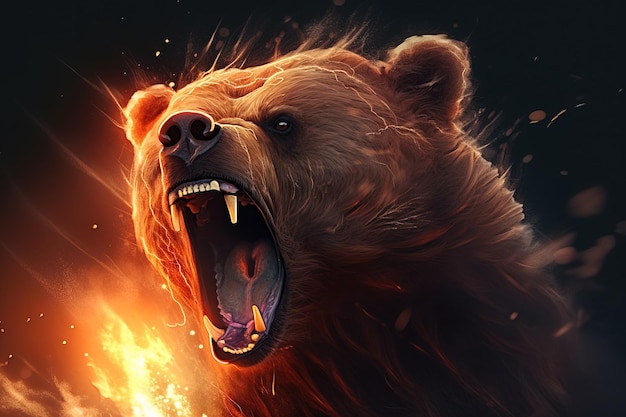 Image of an angry brown bear and flames Wildlife Animals Illustration generative AI