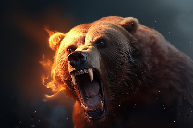 Image of an angry brown bear and flames Wildlife Animals Illustration generative AI