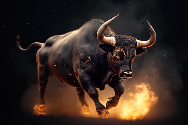 Image of an angry bull with flames Wild animal illustration generative AI